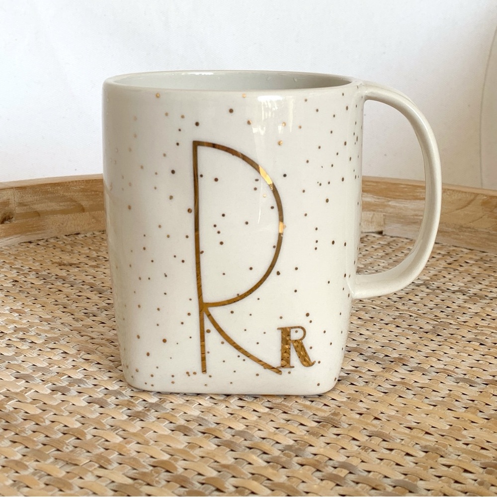 Anthropologie Gilded Gold Spots R Letter Monogram Art Deco Style Stoneware Mug